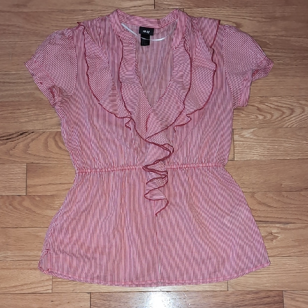 H&M Red and White Ruffle Blouse